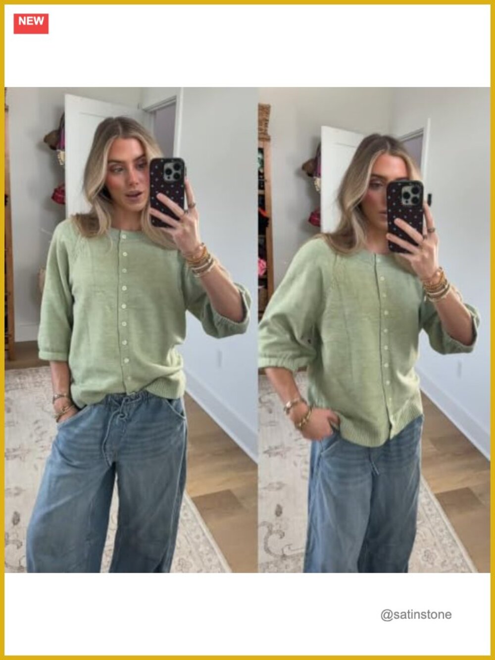 Casual Short Puff Sleeves Crewneck Cardigan Button Down Knit Sweater Open Front - Picture 5 of 6
